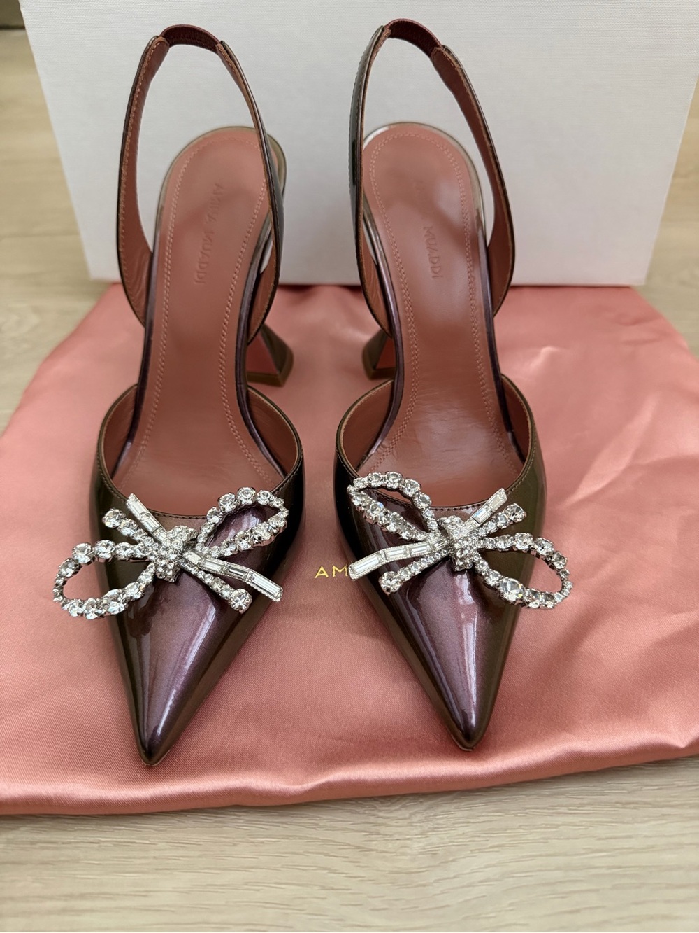 Amina Muaddi patent Iridescent Slingback Pumps with Crystal Bow